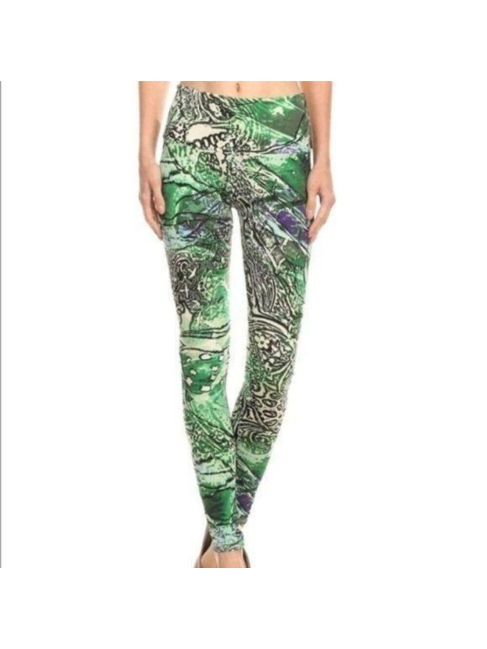 Leggings Green Multi Color Print Size S